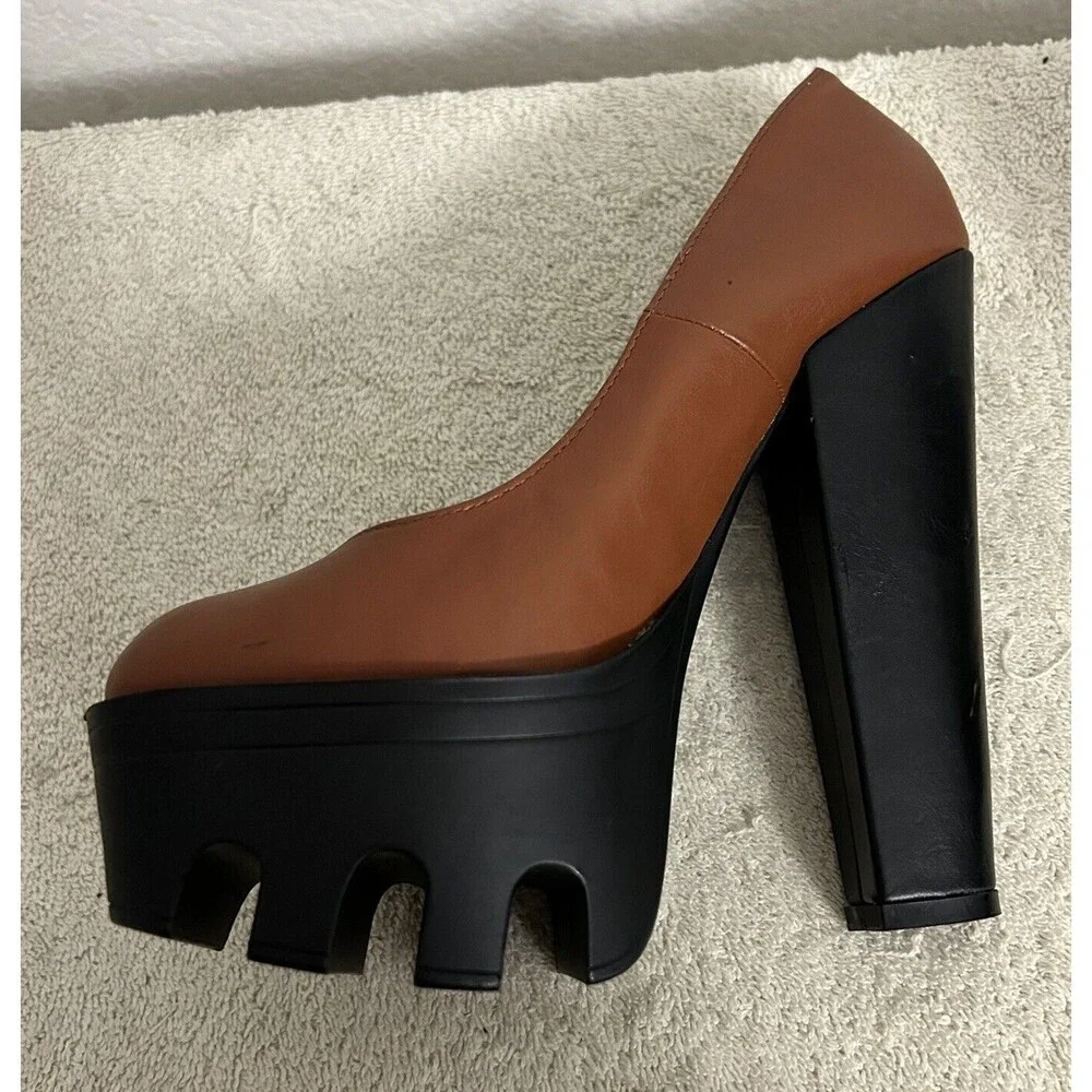 HRH Women's Platform Block High Heels Chunky Shoes Brown and Black Size 6 1/2